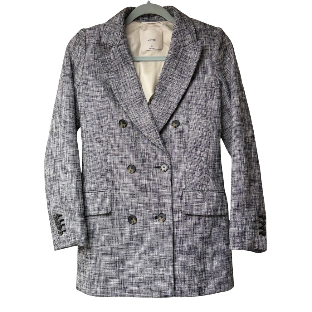 Aritzia Wilfred Margaux Tweed Blazer Size 00 Double Breasted Jacket Black White
